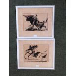 COLL Pair of pencil & black wash watercolours 'Bull fighting' scenes indistinctly signed lower left,
