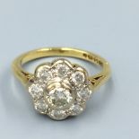 18ct Yellow gold daisy style diamond ring approx 1.2cts size J