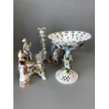 Collection of Continental porcelain figures & a garnitutre of 2 candle sticks & a compote