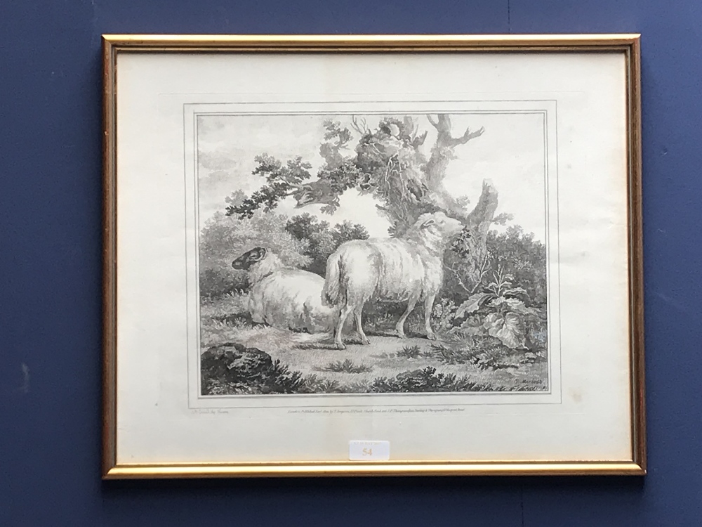 After G Morland black & white soft ground engraving by Vilares 'Two Sheep' 25 x 30 cm framed &