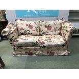 Large 3 seater Knowle back sofa ( 1 leg missing) covered in oatmeal with exotic flowers & fruit