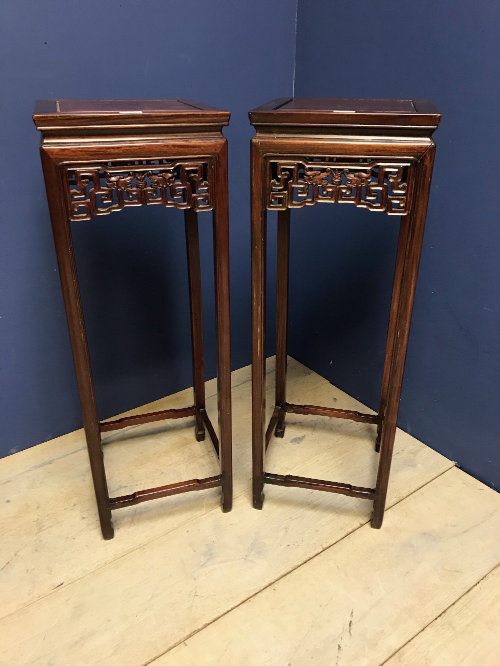 Pair of tall hardwood Chinese stands 31.5 x 31.5 x 91.5 cm