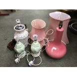 5 various table lamps & 3 pink shades