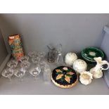 Belleck lidded jam pots, jug & bowl, various other china & some quality glassware