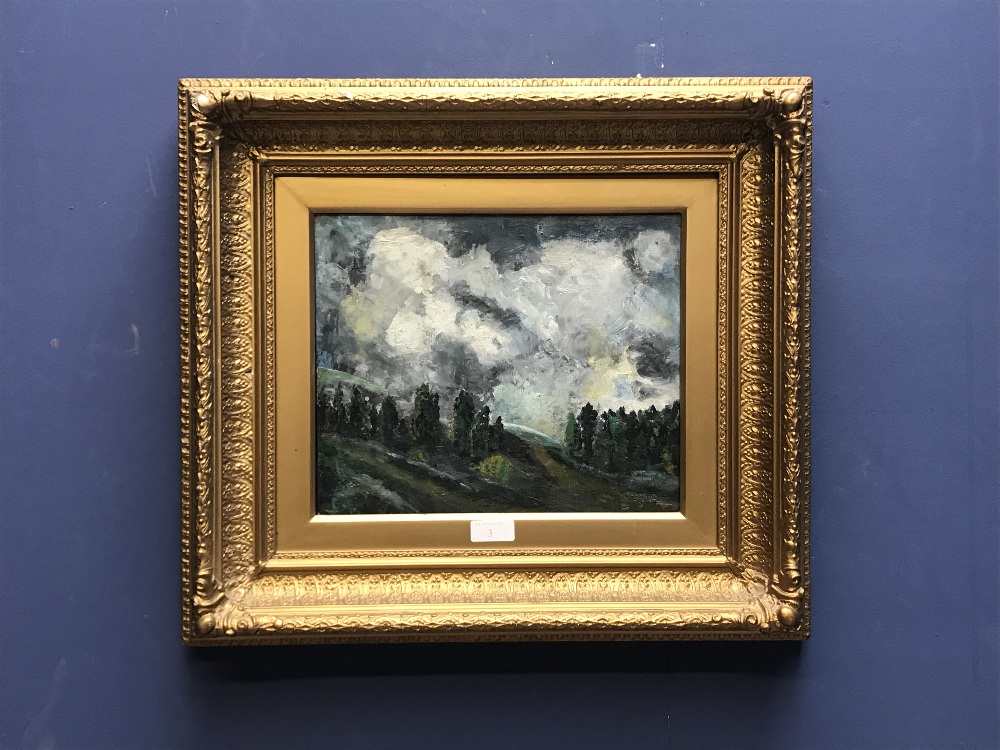 C20th Oil on board 'Hillside Scene with Woodland beneath a Stormy Sky' unsigned 25 x 30cm in heavy