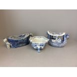 3 Chinese blue & white ceramics, including a Chinese ceramic pillow flanked by moulded boys at