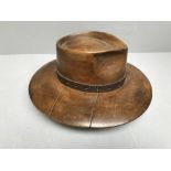 Treen hat block with later leather strap, written to underside Lock & Co Frank Sinatra size 6 1/2
