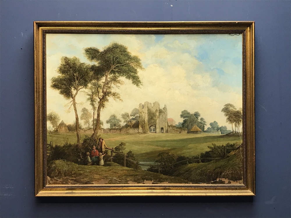 C19th Oil on canvas 'Rural scene with Ruins in the background' 60 x 81cm framed NB considerable