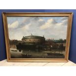 C18/19th Dutch school oil on canvas 'River Scene with Boats & Rotundar Building' red wax seal