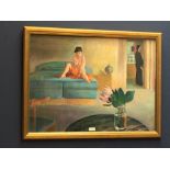 VAN WISEK mixed media bedroom scene with semi nude female signed lower right 54 x 74 cm framed &