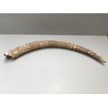 C19th Benin/Cameroon tusk, carved with geometric patterns, birds & animals approx 82cm curved