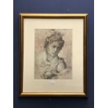 After Michelangelo coloured print ' Ladys Head' 41 x 31 cm framed & glazed
