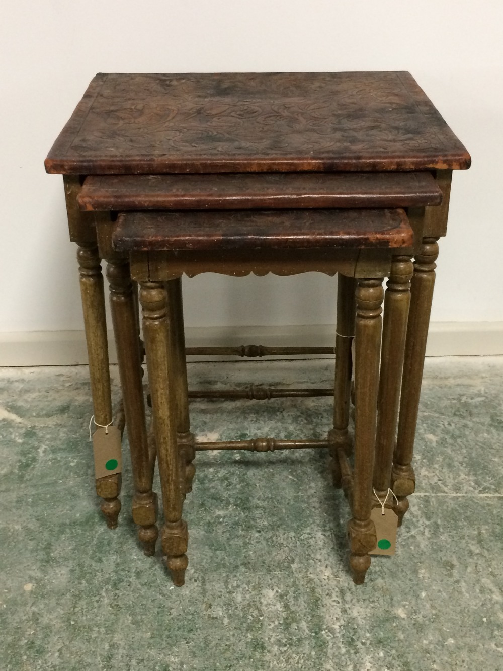 Nest of 3 oblong occasional tables with tooled leather tops