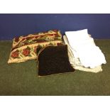 Qty of linen & lace table clothes etc, tapestry & 1 other cushion & floral tapestry rug decorated