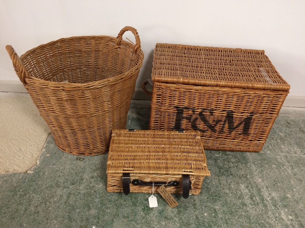 Wicker log basket & 2 wicker hampers