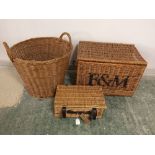 Wicker log basket & 2 wicker hampers