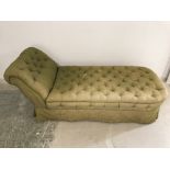 Chaise longue button upholstered in green silk fabric (faded in places) 190 cm L
