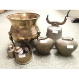 Brass jardiniere, large bell (clanger missing), 2 brass cow bells, end of 1918 shell case & some
