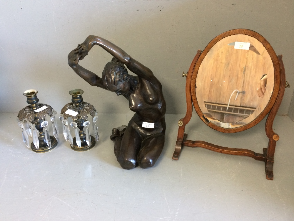 Georgian small oval dressing table mirror (36cm) together with a pair of brass & lustre candlesticks