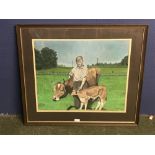 Framed & glazed signed pastel 'Farm Scene with Farmer, Cow & Calf' 48 x 57 cm