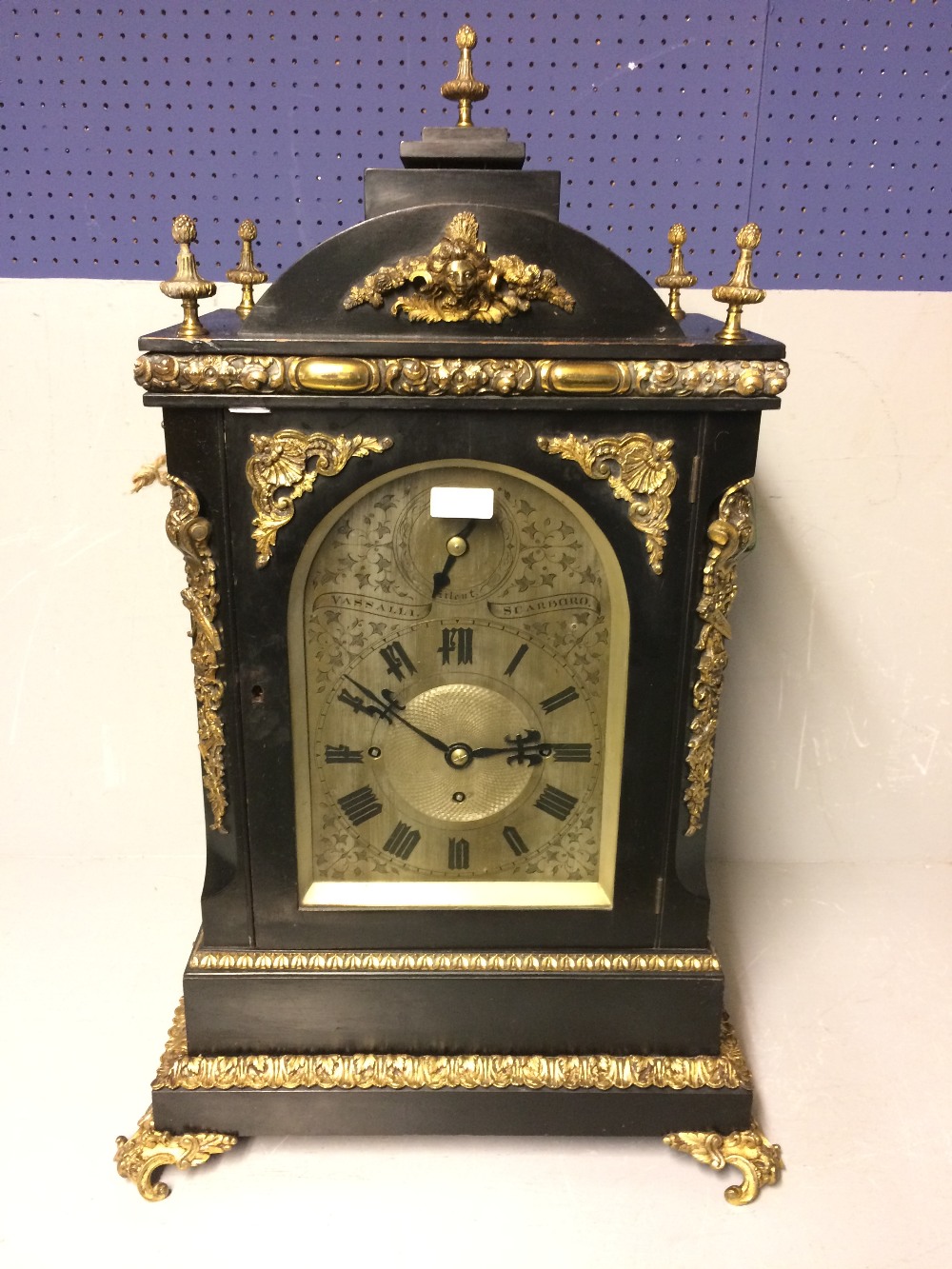 Black japanned ormolu cased bracket clock by Vassalli Scarbno 74 cm