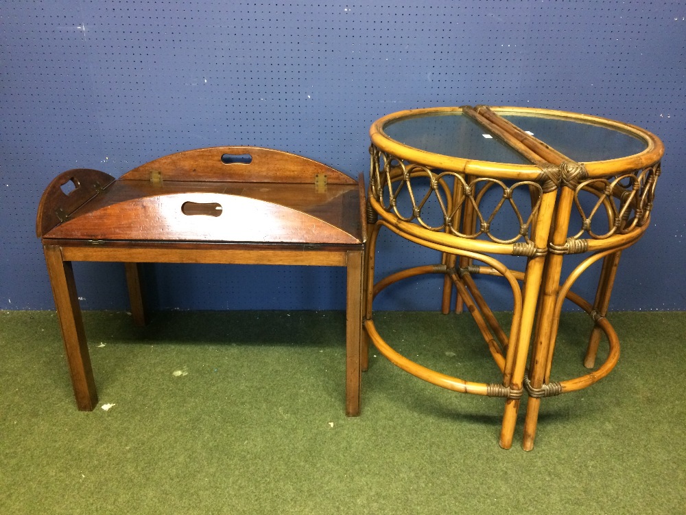 C19th Butlers tray fixed to a later stand & early C20th pair bamboo & glass demi lune tables 67 x 33