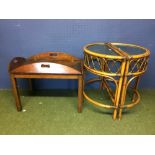 C19th Butlers tray fixed to a later stand & early C20th pair bamboo & glass demi lune tables 67 x 33