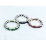 Set of 3 full eternity rings ruby, sapphire & emerald size M