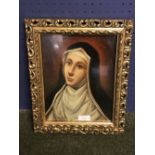 Pierced gilt oil painting portrait of 'Nun' 25 x 17.5 cm