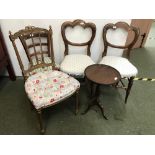 4 Assorted bedroom chairs, an Edwardian mahogany wine table & good quality small armchair covered in