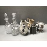 3 Cut glass decanters, 2 steins & various other items
