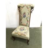 Victorian tapestry upholstered walnut prayer chair on cabriole legs