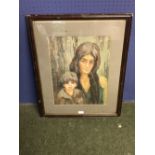 C20th framed oil painting portrait 'Lady & Boy' 44 x 34 cm