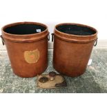 Pair of modern leather covered buckets with twin circular handles & blotter