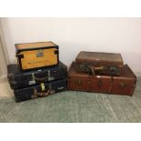 3 Revelation blue suitcases, school trunk, tuck box & leather suitcase, prewar leather hat box