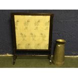 Large brass jug (60 cm) & large mahogany framed fire screen with embroidered silk panel 99 x 77 cm