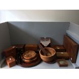 Mahogany & line inlaid desk tidy, qty of various antique wooden, brass bound & inlaid boxes, qty