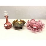 Fluted Cranberry glass bowl, cranberry glass decanter & a carnival glass bowl