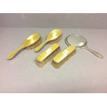 Silver & yellow guilloche enamel 5 piece dressing table set ( 2 hair brushes, 2 clothes brushes &