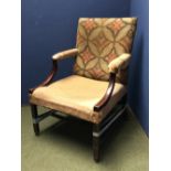 Arm chair upholstered with cross stitch back, yellow fabric seat & arms (in need in restoration)