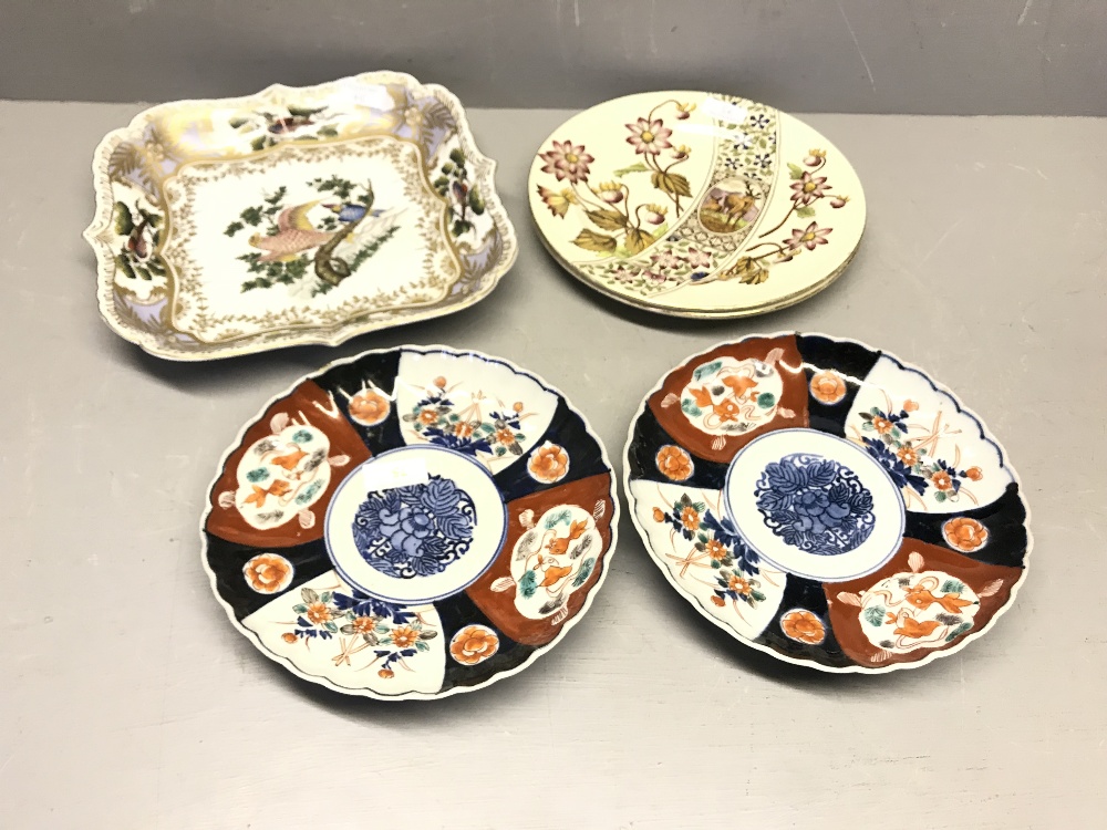 Pair of Japanese Imari plates, a pair of asthetic movement plates & a German porcelain dish