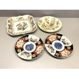 Pair of Japanese Imari plates, a pair of asthetic movement plates & a German porcelain dish