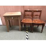 Small pine table with decorative carving with a small drawer 60 x 44 cm & 2 wooden chairs