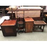 Cake stand, coal box, wooden stool, nest of tables (3) bed head, square table, pie crust wine