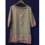 Ladies Cream silk tunic, edged with pink embroidery