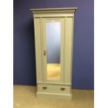 Small green painted single mirrored door wardrobe with hanging rail & bottom drawer 186 x 43 x 76cm