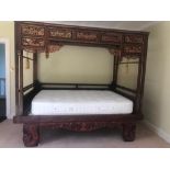 Antique hardwood Oriental wooden double bed frame with pillars & wooden frame for a canopy 250 x 150