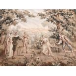 C19th continental needlepoint with classical scene (worn & faded) 250 x 239 cm
