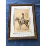 A.H C19th watercolour of 'Mounted Soldier in a Bear Skin' signed with monogram AH 33 x 21 cm