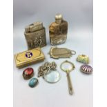 White metal items to include table lighter, hip flask, gilt box & other items